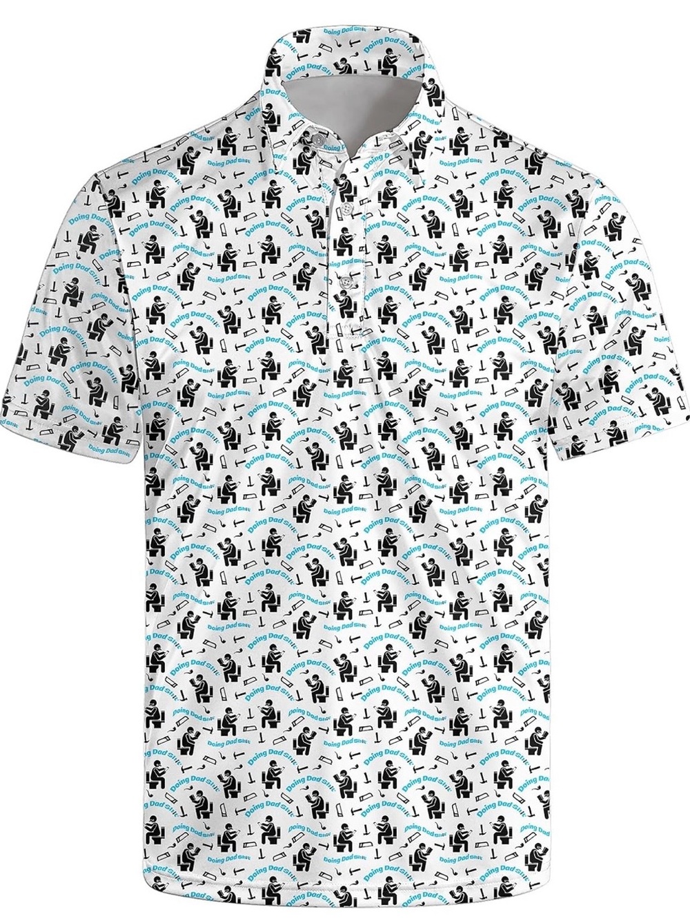 Men's White Polo Shirt with Black and Blue Graphic Print